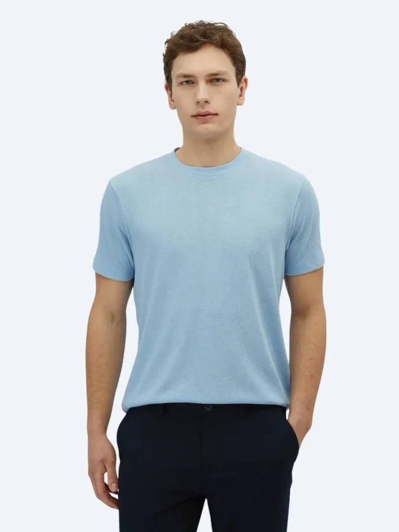 Kip Blue Plain Crew Neck Cotton Blended T-Shirt